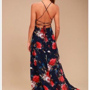 Debut Navy Blue Floral Print Lace-Up Maxi Dress